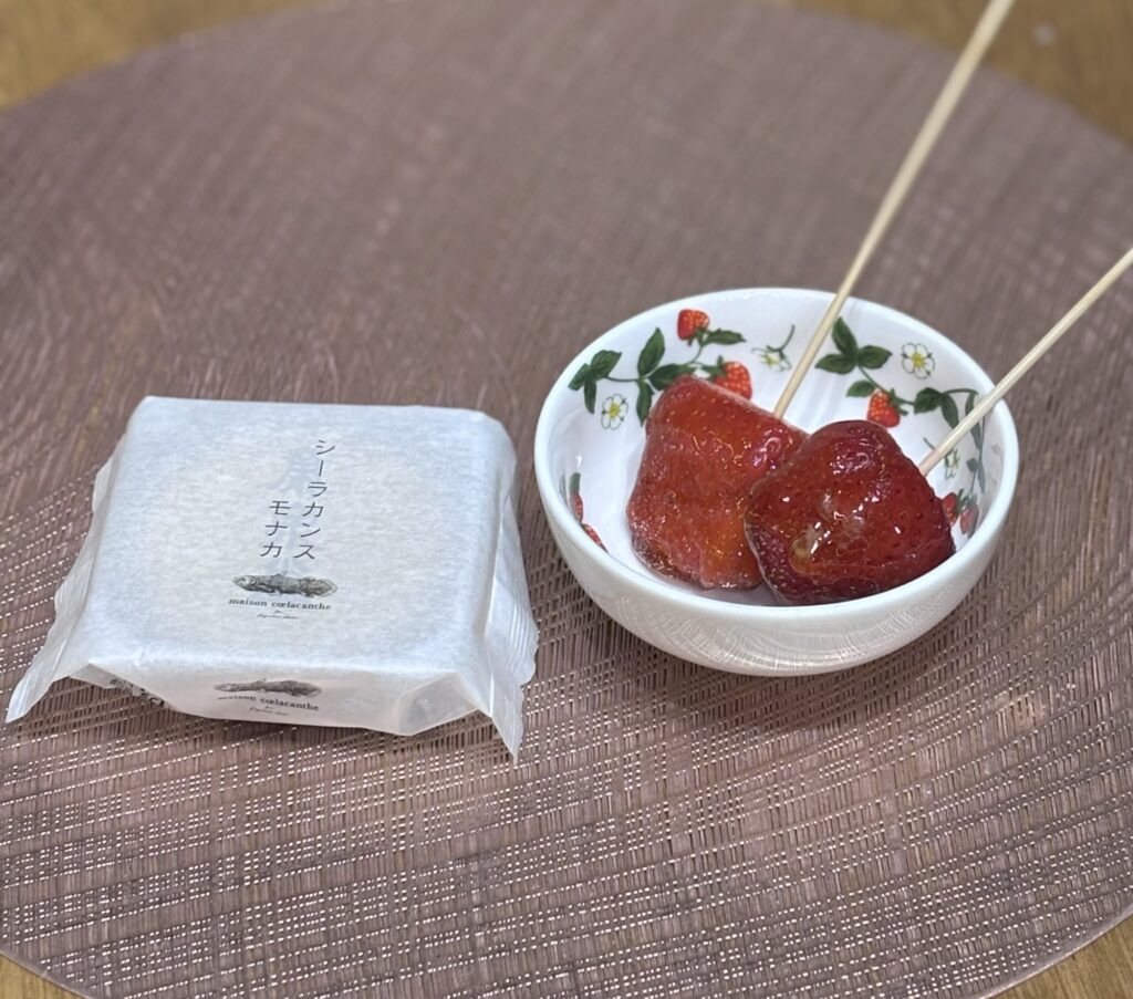 シーラカンスもなかと手作りいちご飴のデザート