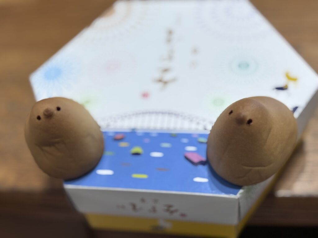 箱の前に並んだ愛らしいひよこのお菓子の写真