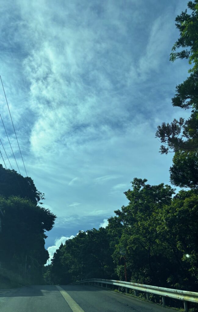 朝の山道の上に青く広がる空と流れる雲。静かな森に囲まれた夏の朝の風景。